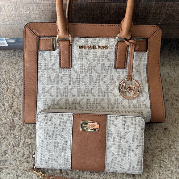 Michael Kors Accessories - Michael Kors Tan and Cream Logo Handbag and Wallet